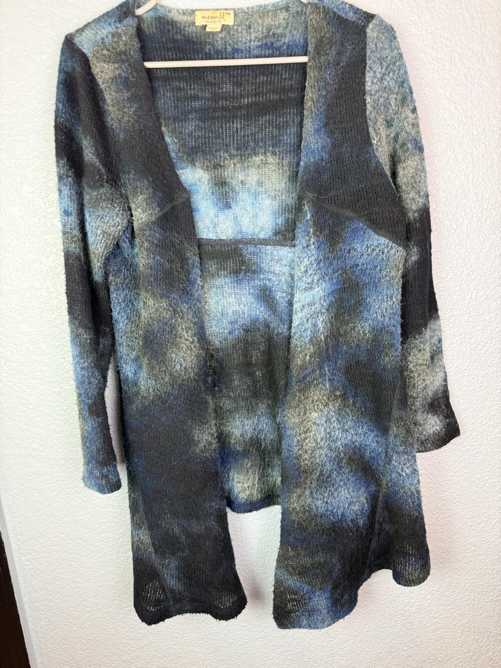 One World Cardigan Sweater Womens Petite Medium Blue Open Knit Lightweight